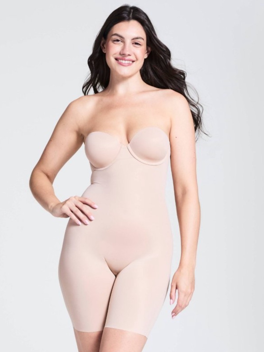 SPANX Flawless Finish Strapless Cupped Mid-Thigh Bodysuit Beige XL NWT